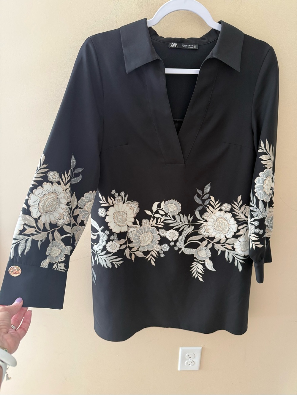 ZARA popover dress black white floral long sleeve collar size Small